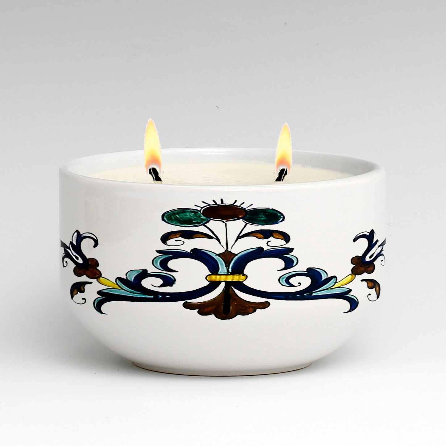 SUBLIMART: Two Wicks Soy Wax Candle in a Porcelain Bowl - Deruta Style (Design #DER05)