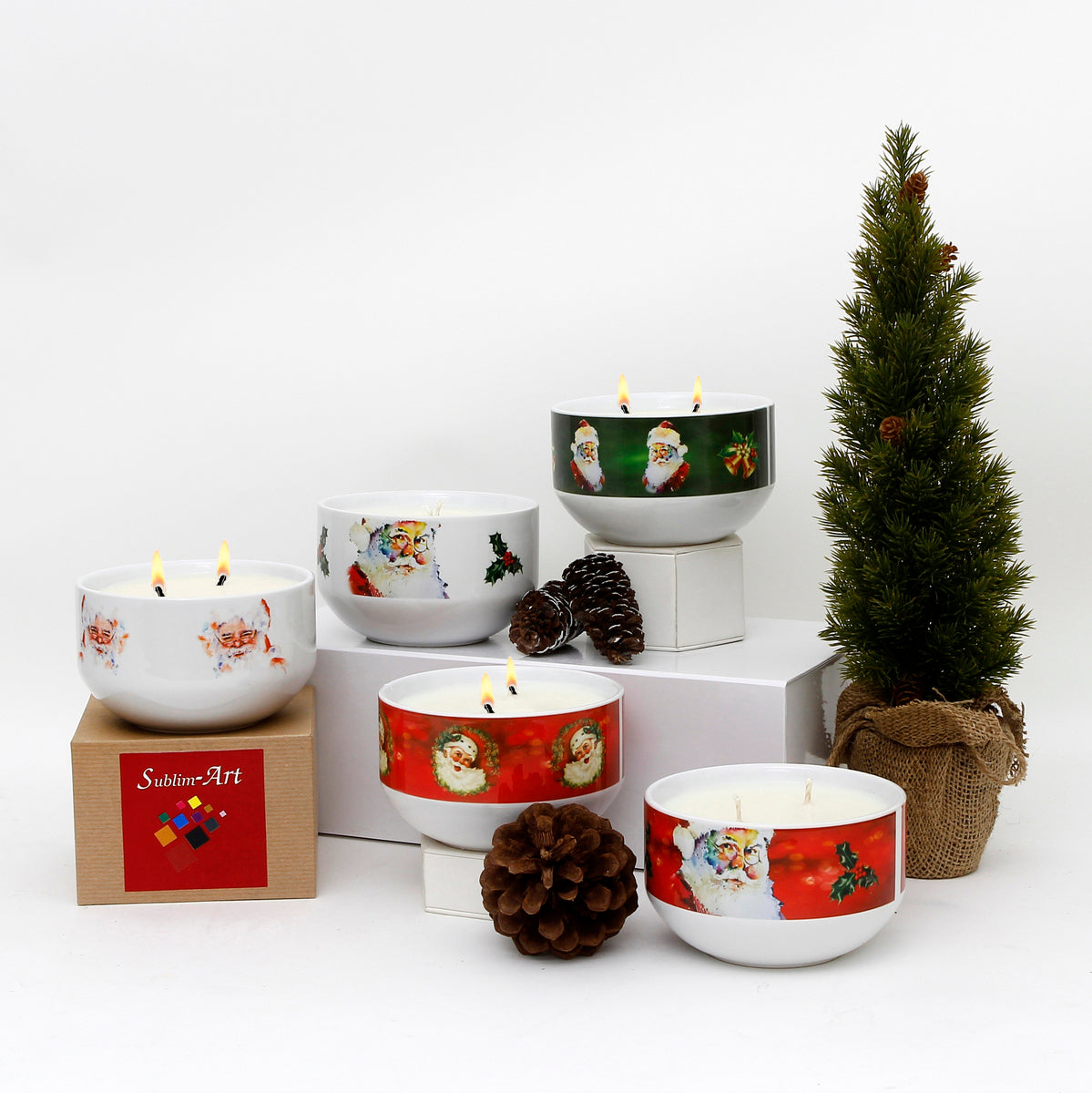 SUBLIMART: Two Wicks Soy Wax Candle in a Porcelain Bowl - Santa Claus (Design #XMS03)