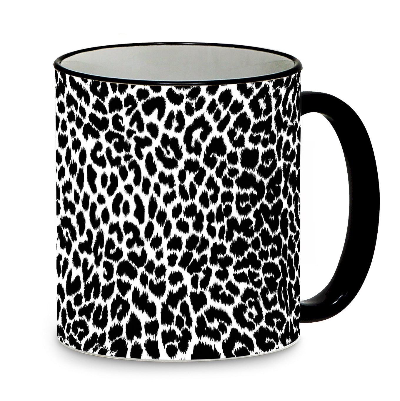 SUBLIMART: Pets Art - Beautiful Black & White Leopard Design Mug with Black Rim and Handle