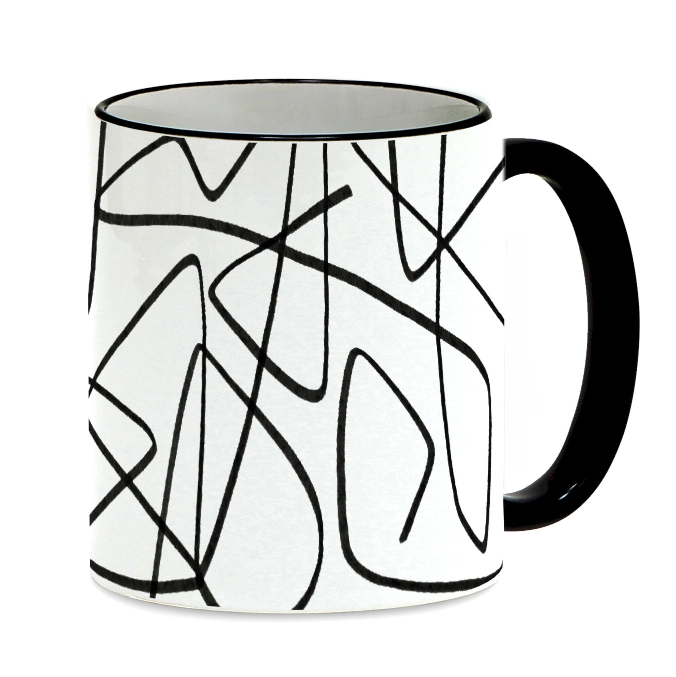 SUBLIMART: Lineart - Mug with black handle and rim featuring hand drawn line drawings. (Design #10)