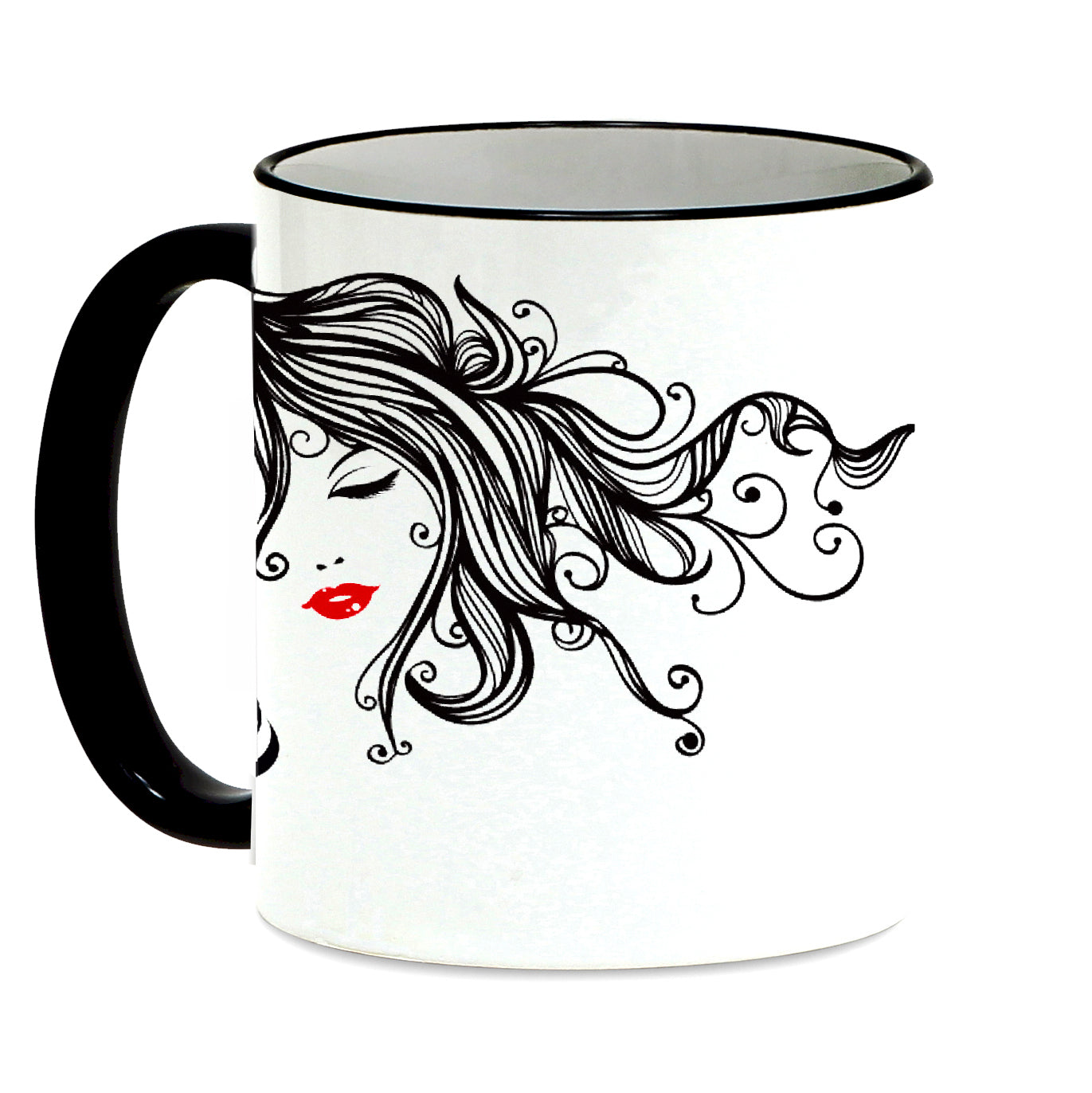 SUBLIMART: Bella Donna Lineart - Mug with black handle and rim featuring styled hand drawn trendy women profiles drawings.