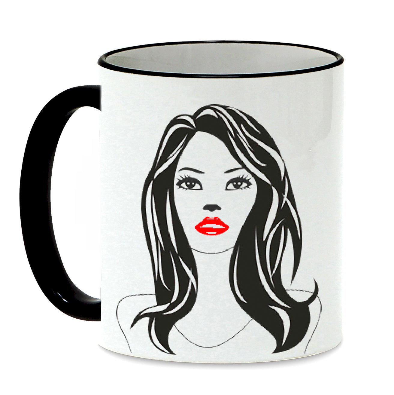 SUBLIMART: Bella Donna Lineart - Mug with black handle and rim featuring styled hand drawn trendy women profiles drawings.