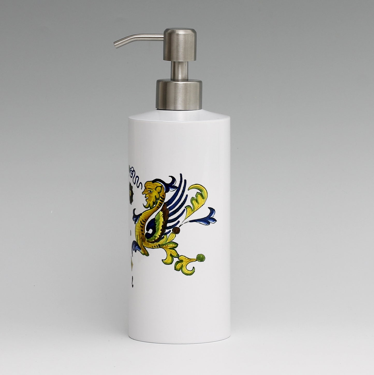 SUBLIMART: Soap & Lotion dispenser with Satin Chrome metal pourer Deruta Style (Design 08)